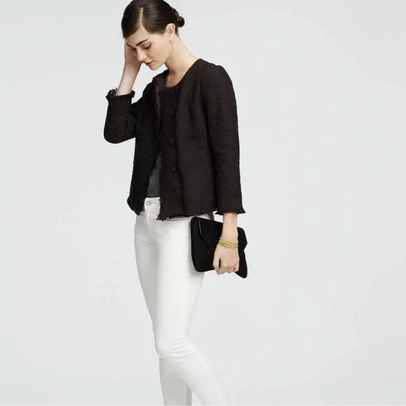 COPY - Ann Taylor Petite - Black Tweed Fringe Moto Blazer Jacket - Picture 8 of 9